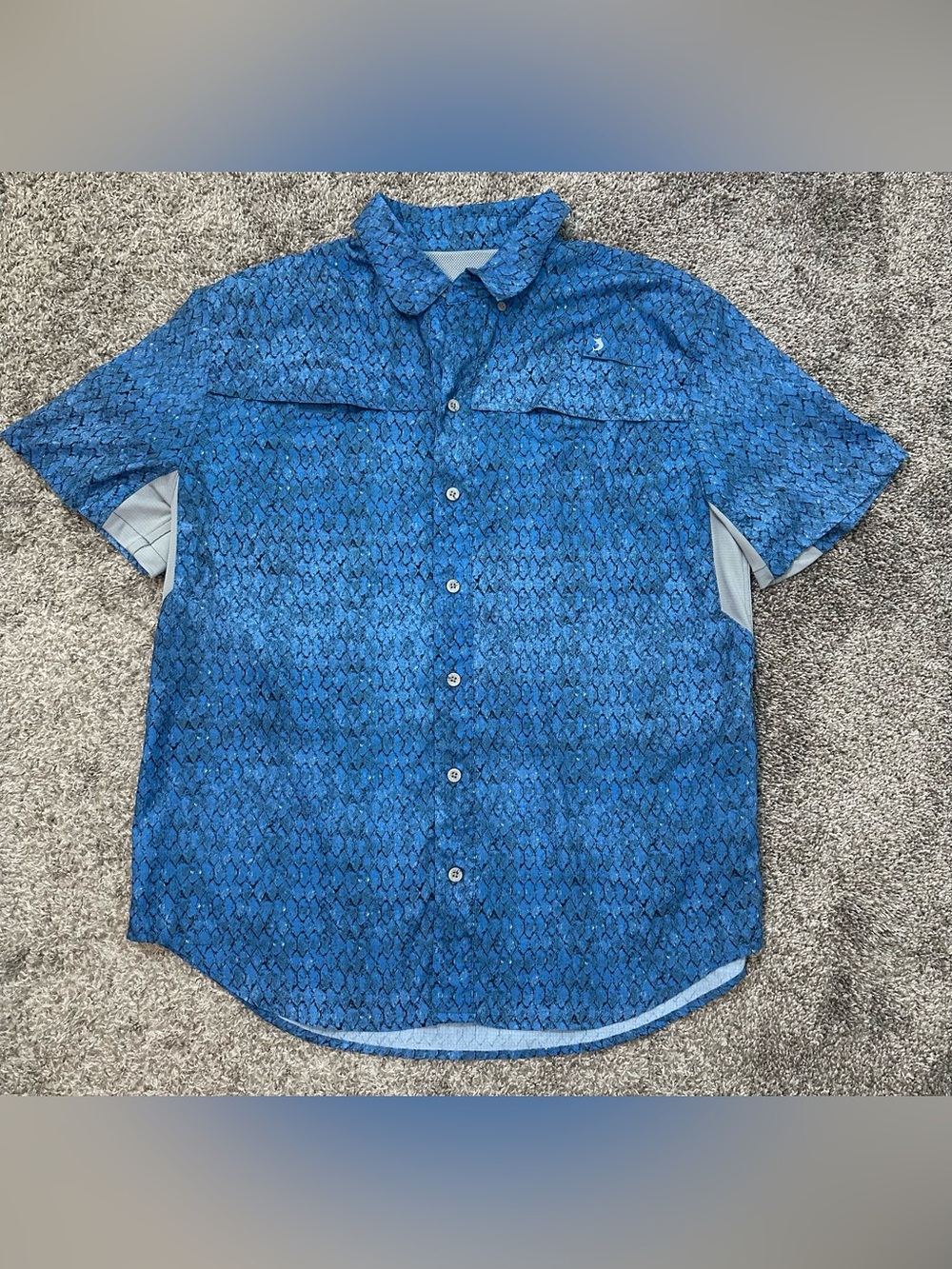 Reel Legends Mariner 2 Men’s Blue Fish Scale Print Fishing Shirt Size L